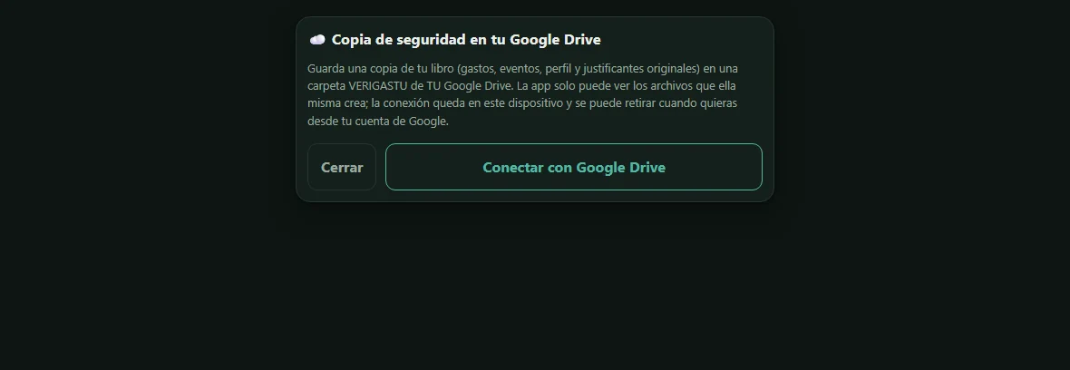 Diálogo de Verigastu explicando la copia de seguridad: guarda el libro y los justificantes en una carpeta de TU Google Drive, y la app solo puede ver los archivos que ella misma crea.