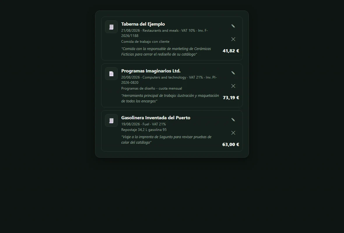 Detail of three expenses in the Verigastu ledger. Each shows supplier, date, category, VAT rate, invoice number and amount, and below, in italics, the justification: "Lunch with the marketing manager of Cerámicas Ficticias to close the redesign of their catalogue", "Main work tool: illustration and layout for all commissions" and "Trip to the printer's in Sagunto to check colour proofs for the catalogue".