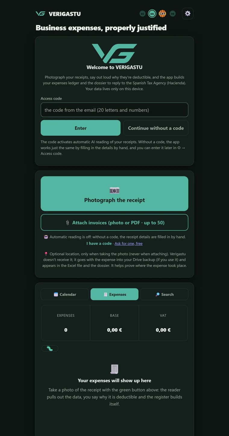 Verigastu welcome screen with the "Access code" field, the "Enter" button and the "Continue without a code" link.