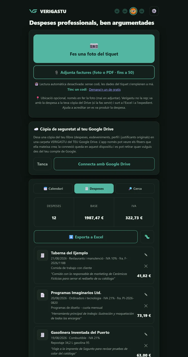 Diàleg «Còpia de seguretat al teu Google Drive» de Verigastu, que explica que la còpia va a una carpeta del compte del mateix usuari i que l'app només veu els fitxers que ella crea.
