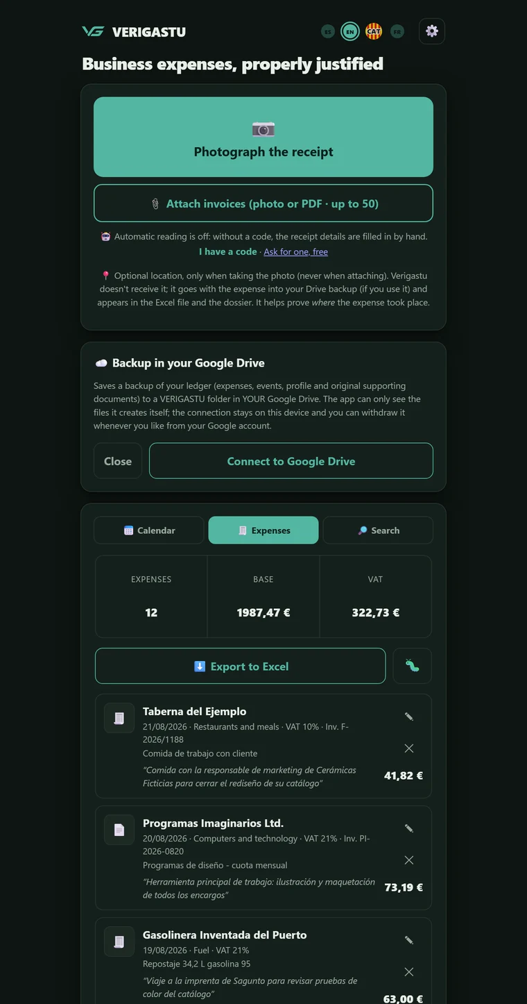 Verigastu's "Backup to your Google Drive" dialogue, explaining that the backup goes to a folder in the user's own account and that the app only sees the files it creates.