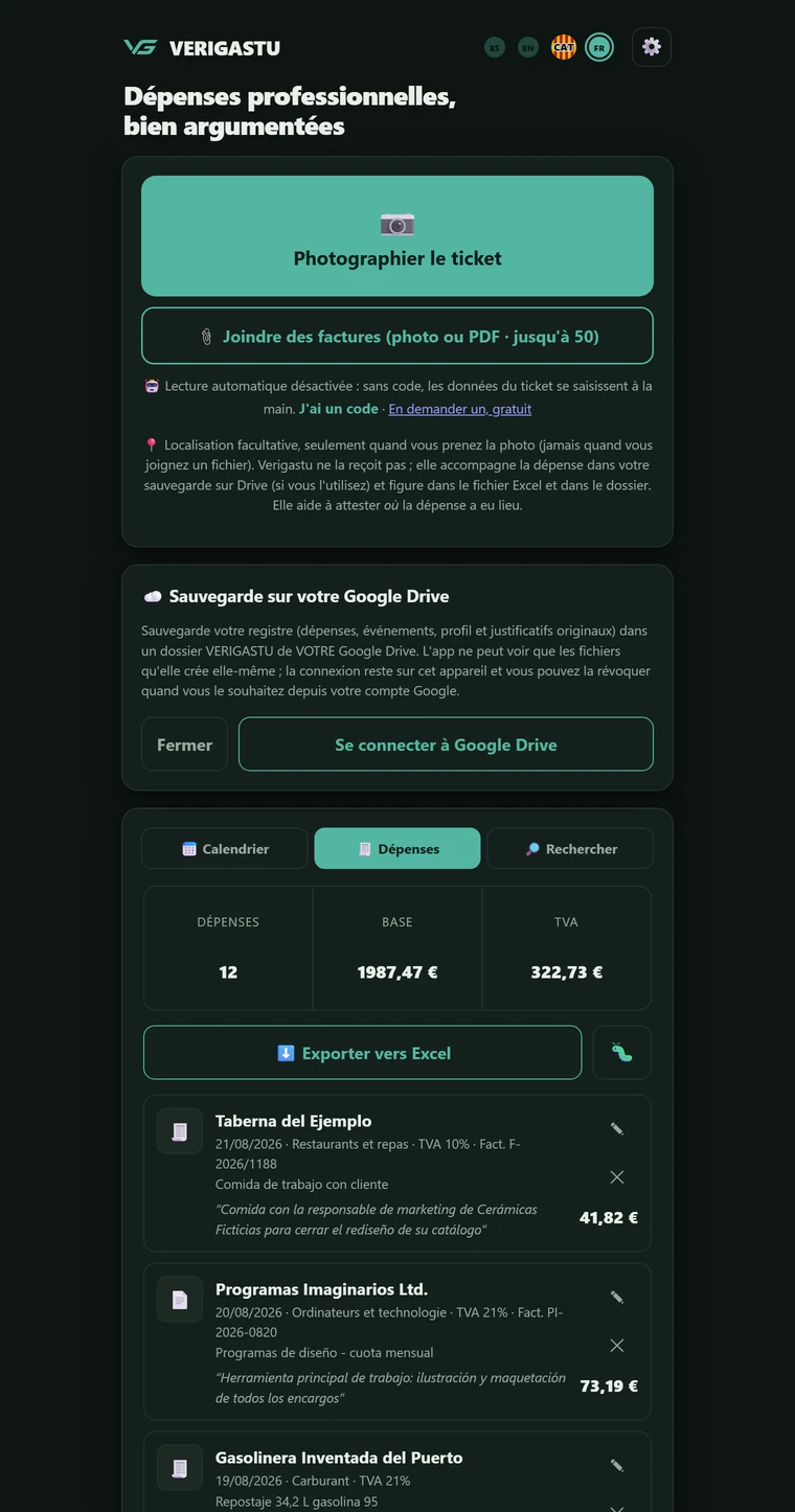 Boîte de dialogue « Sauvegarde sur votre Google Drive » de Verigastu, qui explique que la sauvegarde va dans un dossier VERIGASTU du compte de l'utilisateur lui-même et que l'app ne voit que les fichiers qu'elle crée.