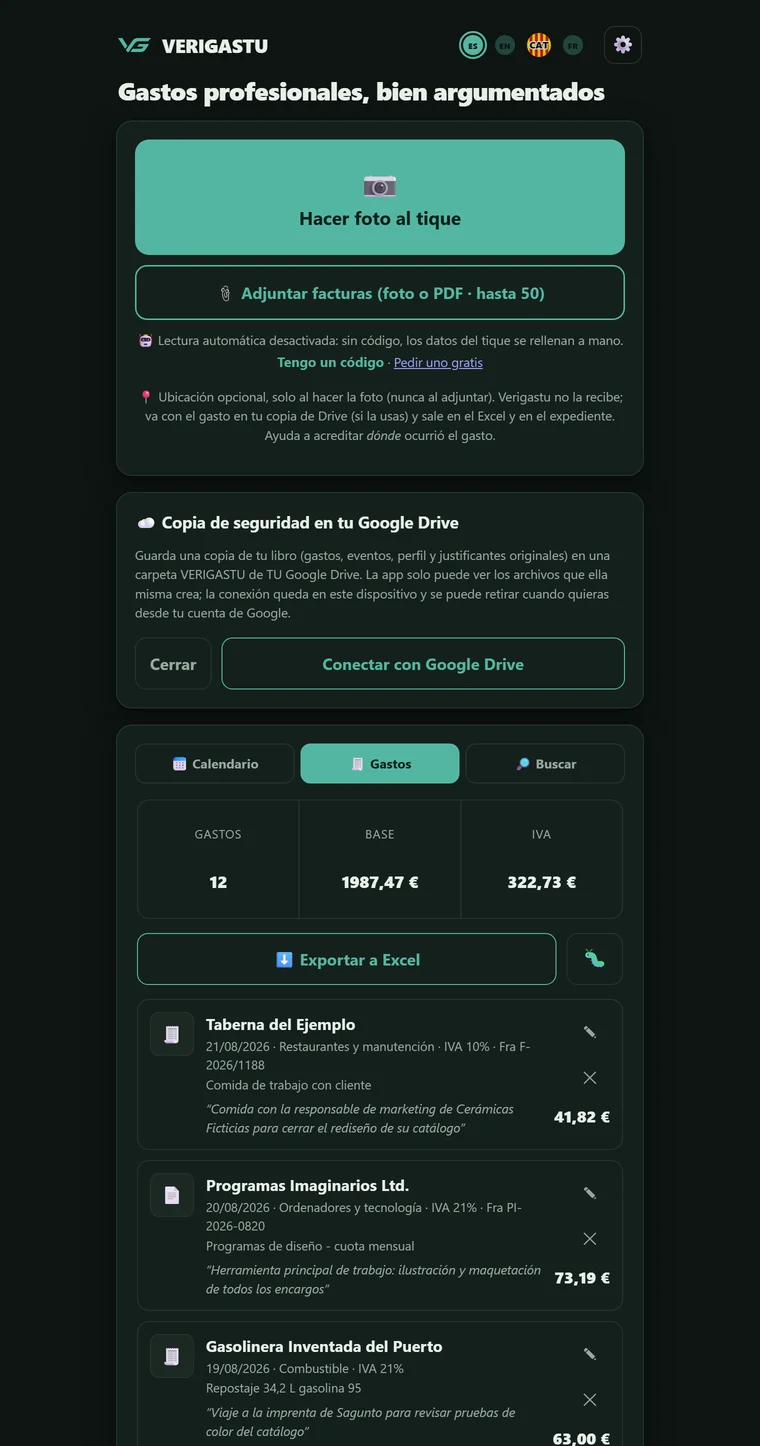 Diálogo «Copia de seguridad en tu Google Drive» de Verigastu, explicando que la copia va a una carpeta de la cuenta del propio usuario y que la app solo ve los archivos que ella crea.