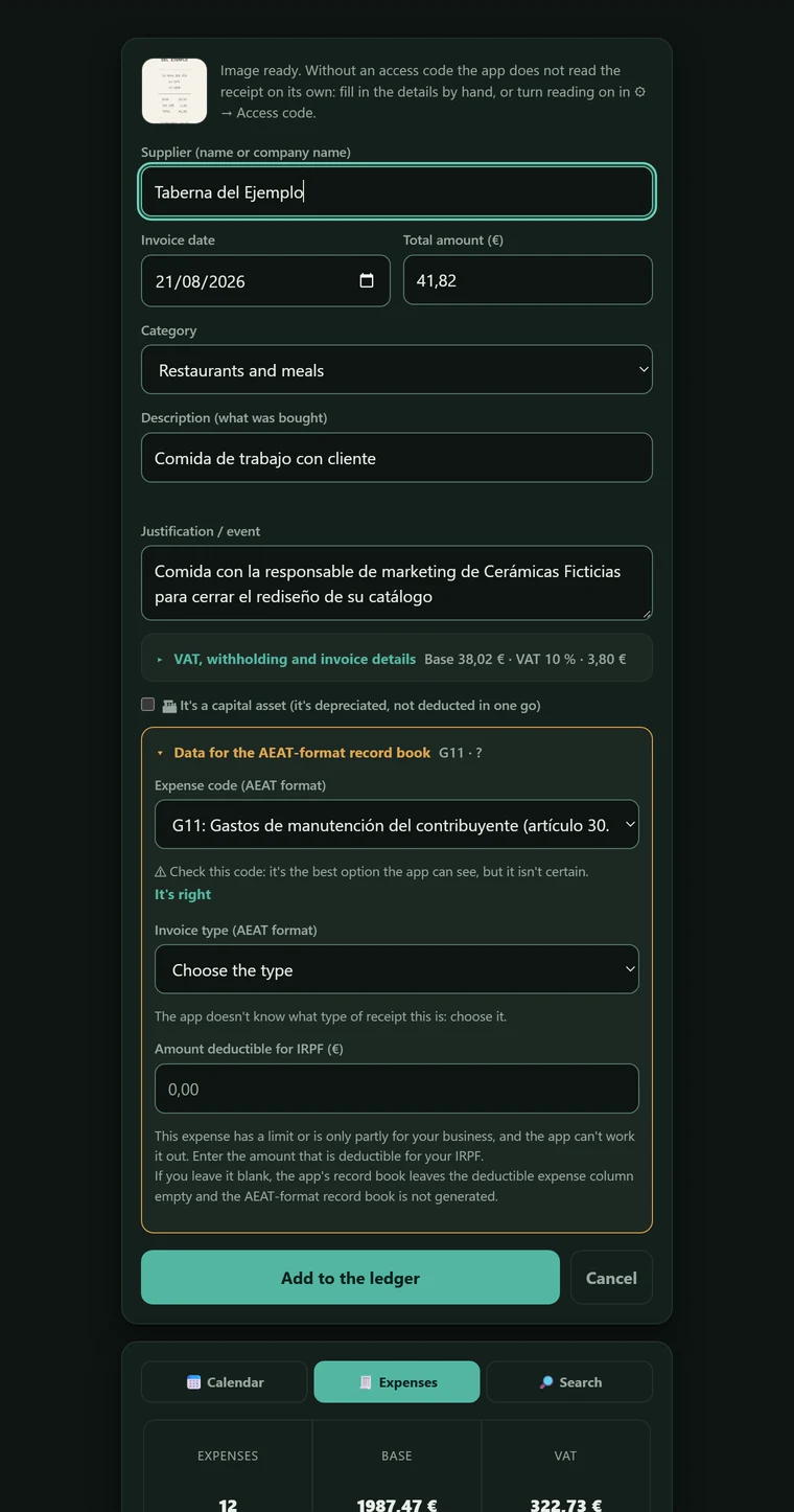 Verigastu expense form filled in: supplier Taberna del Ejemplo, date, total amount 41,82 €, category, description, the justification field written and the VAT summary (taxable base 38,02 €, VAT at 10 %, VAT amount 3,80 €).