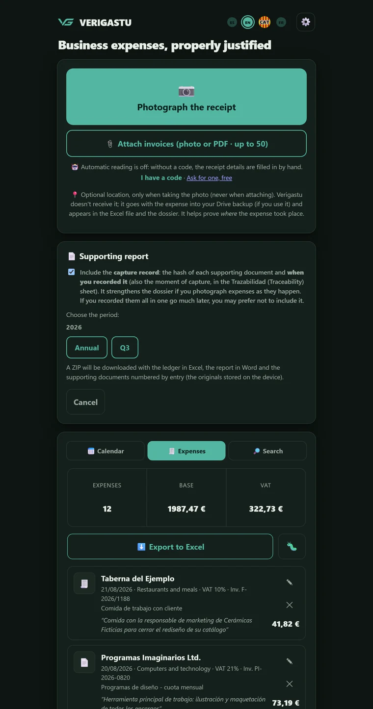 Verigastu's "Supporting report – choose the period" dialogue, with the Annual and Q3 buttons for 2026 and the explanation of what the ZIP contains.