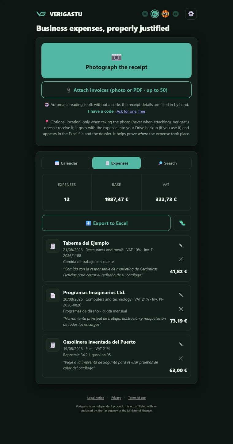 Verigastu main screen with the "Photograph the receipt" and "Attach invoices (photo or PDF · up to 50)" buttons, and the ledger summary below.