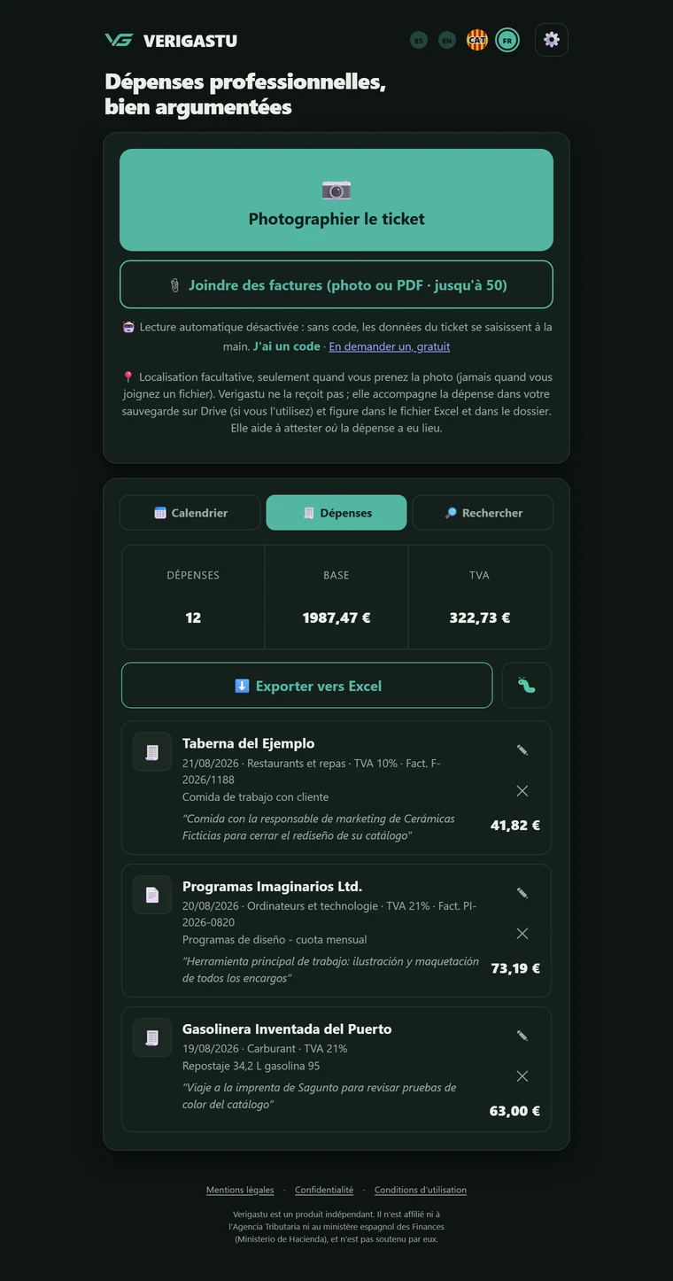 Écran principal de Verigastu avec les boutons « Photographier le ticket » et « Joindre des factures (photo ou PDF · jusqu'à 50) », et en dessous le résumé du registre.