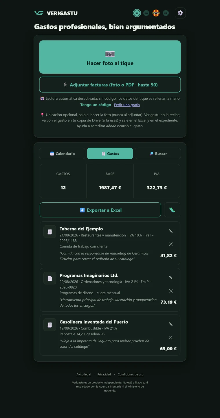 Pantalla principal de Verigastu con los botones «Hacer foto al tique» y «Adjuntar facturas (foto o PDF · hasta 50)», y debajo el resumen del libro.