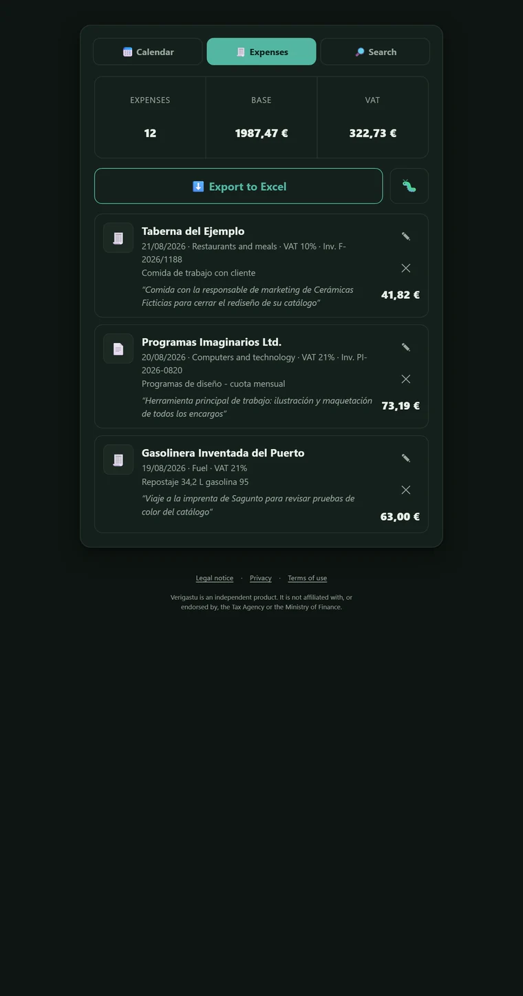 Verigastu expense list: each row shows supplier, date, category, VAT rate, invoice number, amount and, in italics, the justification written by the user.