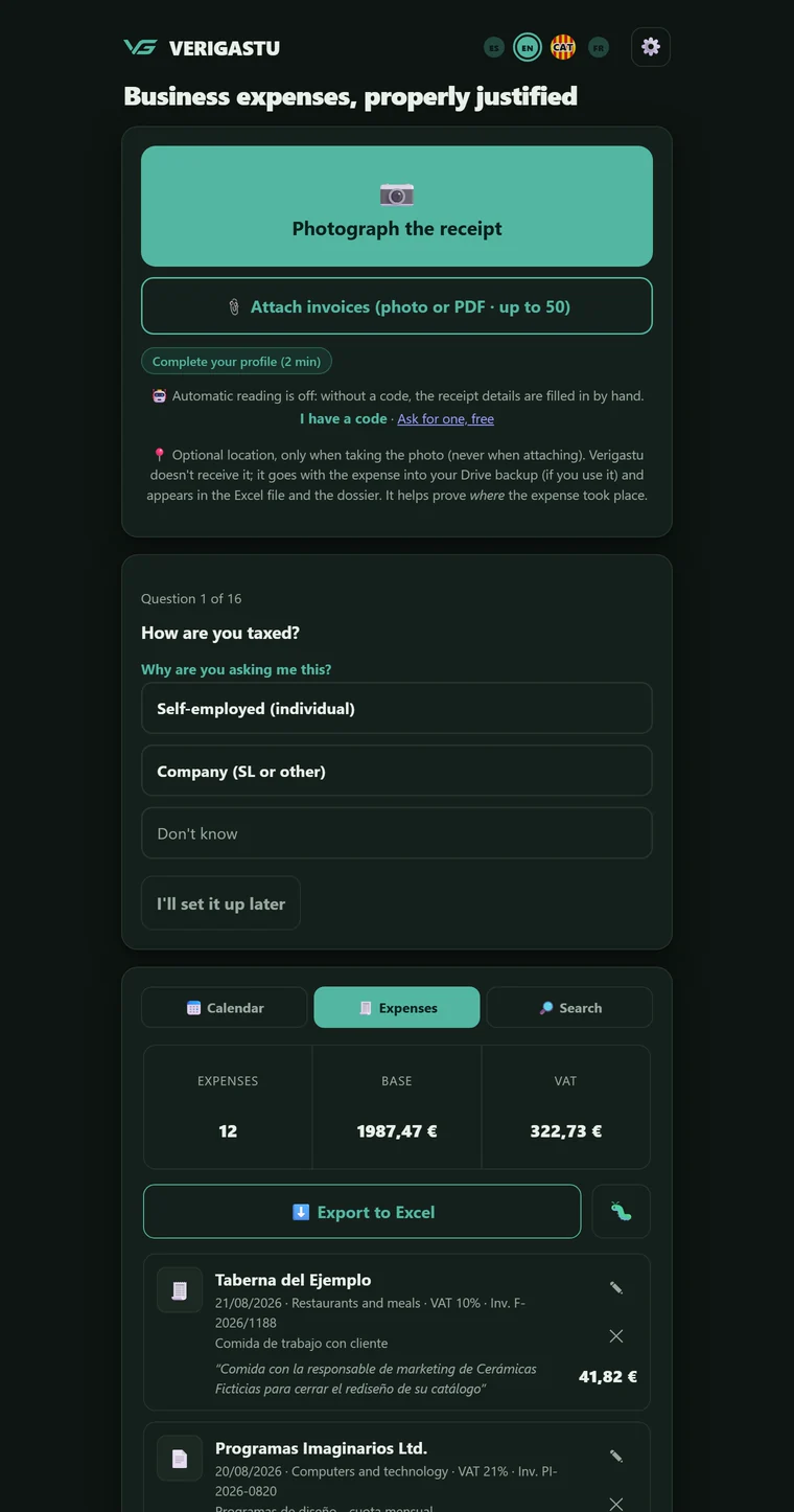 Verigastu tax profile wizard, first question: "How are you taxed?", with the options Self-employed (individual), Company (SL or other) and I don't know.